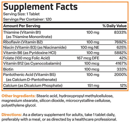 Bronson Super B100 Vitamin B Komplex mit verlängerter Freisetzung – Alle B-Vitamine (B1, B2, B3, B6, B9 – Folsäure, B12), 120 Tabletten
