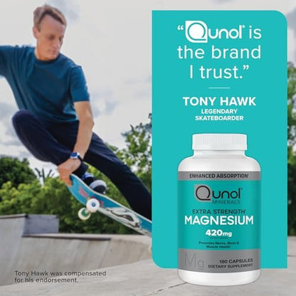 Qunol Magnesium Kapseln 420 mg, 100% des Tagesbedarfs, Hochabsorbierendes Magnesiumpräparat, Extra Stärke, Für Knochen- und Muskelgesundheit, 180 Kapseln
