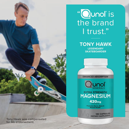 Qunol Magnesium Kapseln 420 mg, 100% des Tagesbedarfs, Hochabsorbierendes Magnesiumpräparat, Extra Stärke, Für Knochen- und Muskelgesundheit, 180 Kapseln