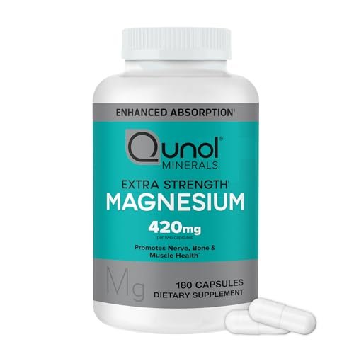 Qunol Magnesium Kapseln 420 mg, 100% des Tagesbedarfs, Hochabsorbierendes Magnesiumpräparat, Extra Stärke, Für Knochen- und Muskelgesundheit, 180 Kapseln