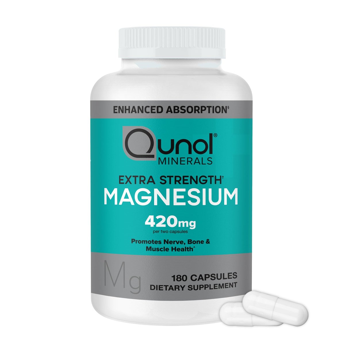 Qunol Magnesium Kapseln 420 mg, 100% des Tagesbedarfs, Hochabsorbierendes Magnesiumpräparat, Extra Stärke, Für Knochen- und Muskelgesundheit, 180 Kapseln