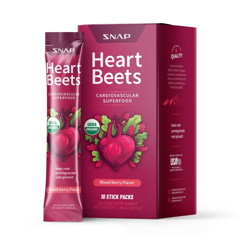 Snap Supplements Heart Beets Stick Packs – Bio-Rote-Bete-Pulver-Drinkmischung, Herz-Kreislauf-Unterstützung für Männer & Frauen, Rote Bete, Granatapfel & Roter Spinat, Stickoxid-Booster, gemischte Beeren, 10 Portionen