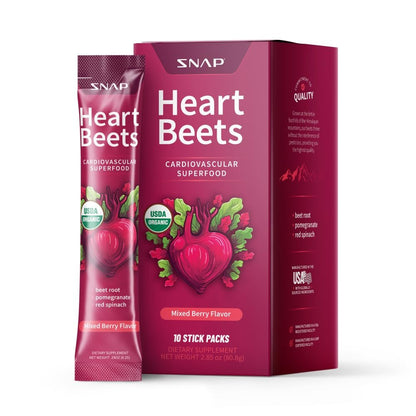 Snap Supplements Heart Beets Stick Packs – Bio-Rote-Bete-Pulver-Drinkmischung, Herz-Kreislauf-Unterstützung für Männer & Frauen, Rote Bete, Granatapfel & Roter Spinat, Stickoxid-Booster, gemischte Beeren, 10 Portionen