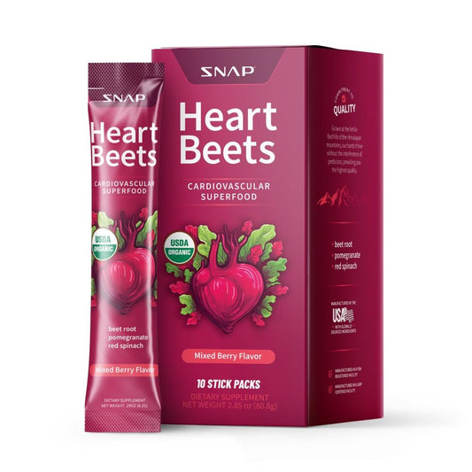 Snap Supplements Heart Beets Stick Packs – Bio-Rote-Bete-Pulver-Drinkmischung, Herz-Kreislauf-Unterstützung für Männer & Frauen, Rote Bete, Granatapfel & Roter Spinat, Stickoxid-Booster, gemischte Beeren, 10 Portionen
