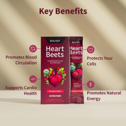 Snap Supplements Heart Beets Stick Packs – Bio-Rote-Bete-Pulver-Drinkmischung, Herz-Kreislauf-Unterstützung für Männer & Frauen, Rote Bete, Granatapfel & Roter Spinat, Stickoxid-Booster, gemischte Beeren, 10 Portionen