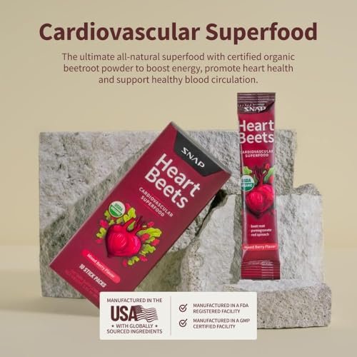 Snap Supplements Heart Beets Stick Packs – Bio-Rote-Bete-Pulver-Drinkmischung, Herz-Kreislauf-Unterstützung für Männer & Frauen, Rote Bete, Granatapfel & Roter Spinat, Stickoxid-Booster, gemischte Beeren, 10 Portionen