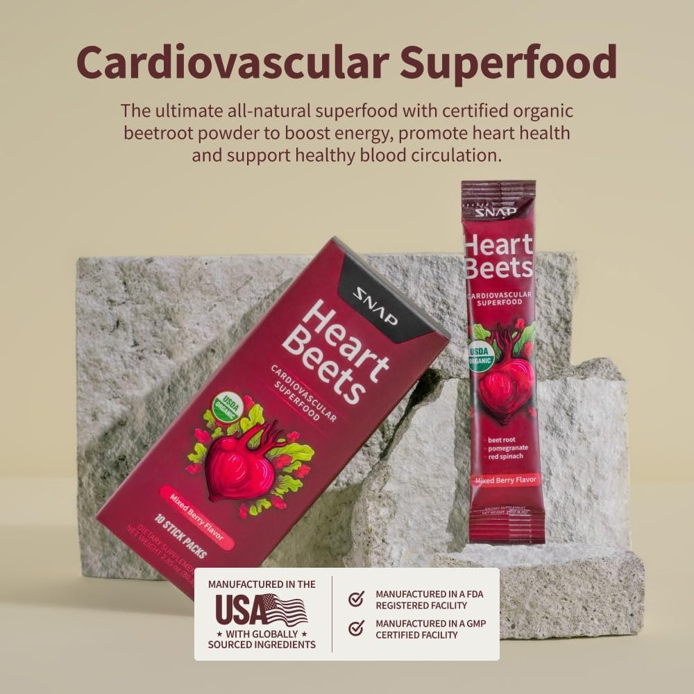Snap Supplements Heart Beets Stick Packs – Bio-Rote-Bete-Pulver-Drinkmischung, Herz-Kreislauf-Unterstützung für Männer & Frauen, Rote Bete, Granatapfel & Roter Spinat, Stickoxid-Booster, gemischte Beeren, 10 Portionen