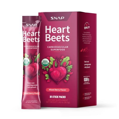 Snap Supplements Heart Beets Stick Packs – Bio-Rote-Bete-Pulver-Drinkmischung, Herz-Kreislauf-Unterstützung für Männer & Frauen, Rote Bete, Granatapfel & Roter Spinat, Stickoxid-Booster, gemischte Beeren, 10 Portionen