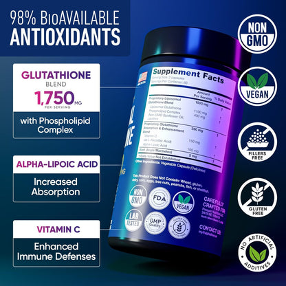Liposomales Glutathion-Supplement 1000 mg + 750 mg – Glutathion liposomal mit Vitamin C + Phospholipid-Antioxidant-Komplex – Leberentgiftung und Immununterstützung – 120 Kapseln – Alternative zu Pulver & Flüssigkeit