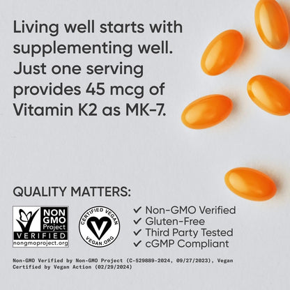 Sports Research Vitamin K2 als MK-7 45µg mit Kokos-MCT-Öl – Vegan, Nicht-GVO, Glutenfrei – 90 Softgels