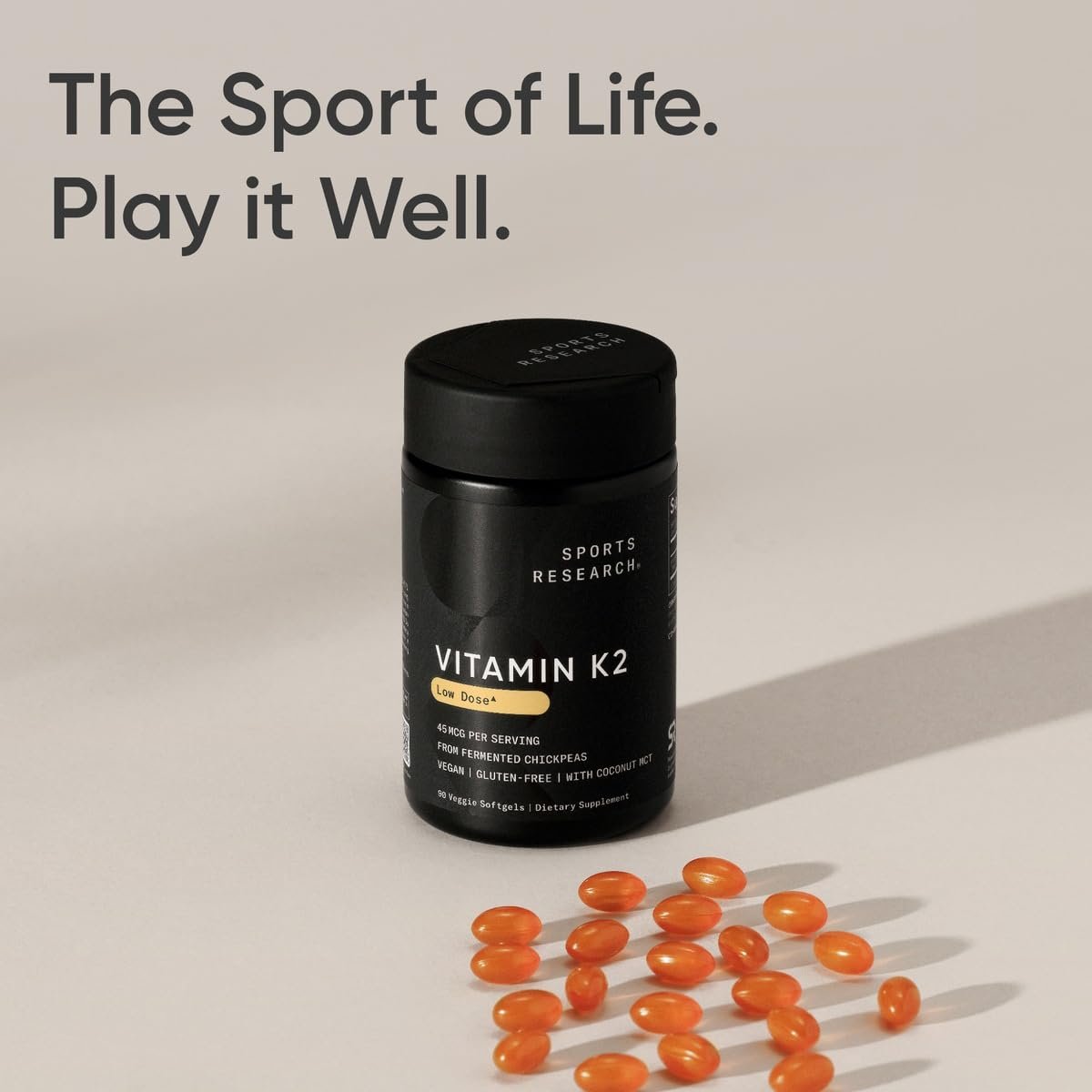 Sports Research Vitamin K2 als MK-7 45µg mit Kokos-MCT-Öl – Vegan, Nicht-GVO, Glutenfrei – 90 Softgels