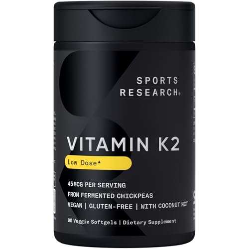 Sports Research Vitamin K2 als MK-7 45µg mit Kokos-MCT-Öl – Vegan, Nicht-GVO, Glutenfrei – 90 Softgels