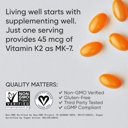 Sports Research Vitamin K2 als MK-7 45µg mit Kokos-MCT-Öl – Vegan, Nicht-GVO, Glutenfrei – 90 Softgels