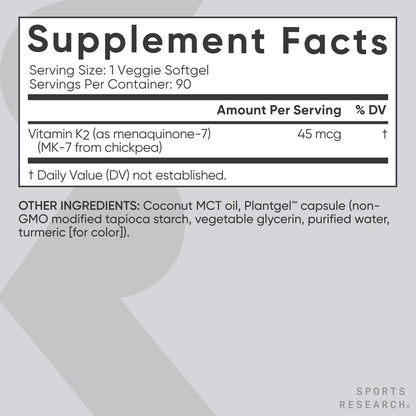 Sports Research Vitamin K2 als MK-7 45µg mit Kokos-MCT-Öl – Vegan, Nicht-GVO, Glutenfrei – 90 Softgels