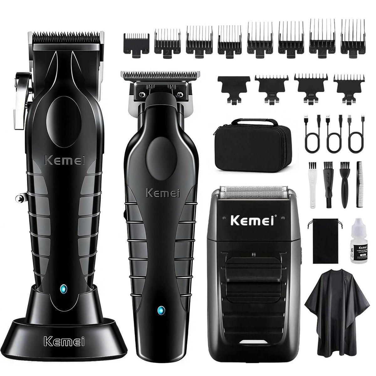 KEMEI Professioneller Haarschneider, Haartrimmer, Bartrasierer-Set für Herren – Kabelloser Barber-Clipper, wiederaufladbarer Fade-Clipper, Haarschneide-Kit (KM-2299, KM-2296, KM-1102)