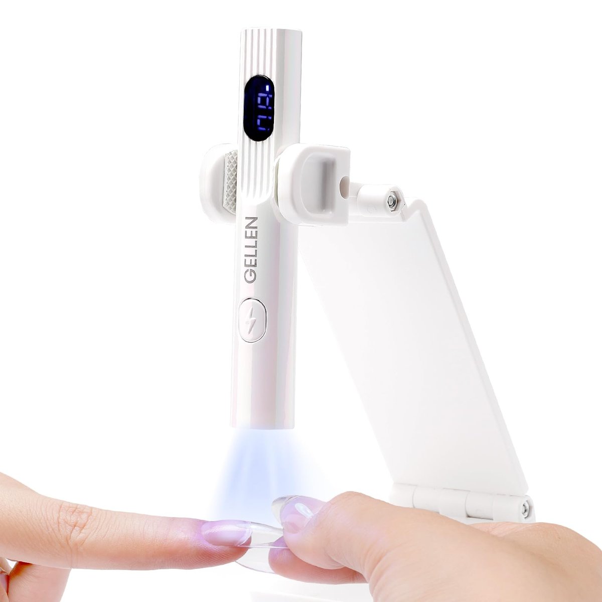 GELLEN UV-Lampe für Gelnägel mit Ständer, Mini Handheld UV Nagellampe, Flash Cure Nagellampe Kabellos Wiederaufladbar Nageltrockner mit LCD-Display, 3 Timer 30s/60s/99s, 180° Drehbarer Halter (Weiß)