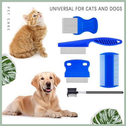 Jigfew 5er Pack Floh- und Läusekamm aus Edelstahl für Hunde und Katzen – Doppelseitiger Tränenfleckentferner und Entwirrkamm für kleine, mittlere und große Haustiere