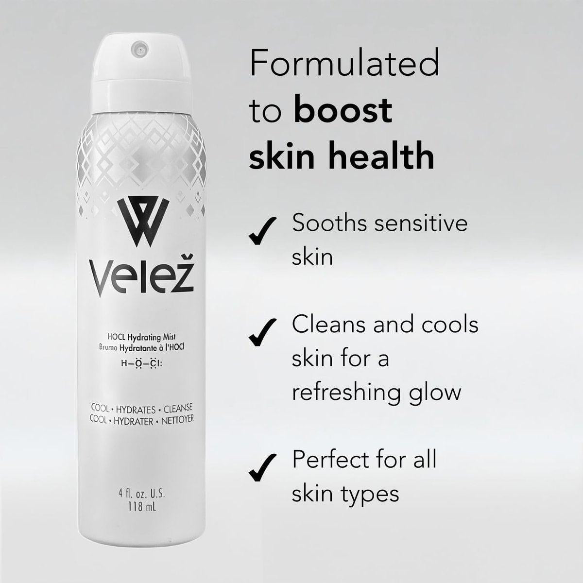 Velež HOCL Feuchtigkeitsspray für das Gesicht – Sanfter Gesichtsnebel mit Hypochloriger Säure + Reines Wasser, Erfrischt, Beruhigt & Reinigt die Haut, 118 ml