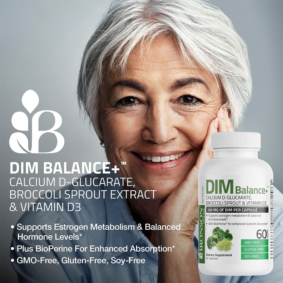 Bronson DIM Balance+ Calcium-D-Glucarat, Brokkolisprossen & Vitamin D3 – 200 mg DIM pro Kapsel für ausgewogenen Östrogenstoffwechsel & Hormonhaushalt, 60 vegane Kapseln