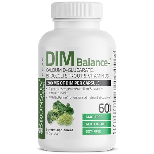 Bronson DIM Balance+ Calcium-D-Glucarat, Brokkolisprossen & Vitamin D3 – 200 mg DIM pro Kapsel für ausgewogenen Östrogenstoffwechsel & Hormonhaushalt, 60 vegane Kapseln
