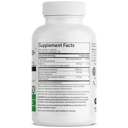 Bronson DIM Balance+ Calcium-D-Glucarat, Brokkolisprossen & Vitamin D3 – 200 mg DIM pro Kapsel für ausgewogenen Östrogenstoffwechsel & Hormonhaushalt, 60 vegane Kapseln