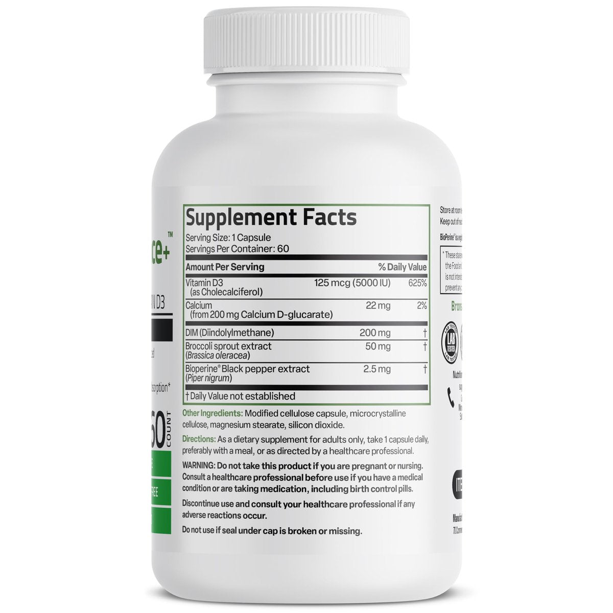 Bronson DIM Balance+ Calcium-D-Glucarat, Brokkolisprossen & Vitamin D3 – 200 mg DIM pro Kapsel für ausgewogenen Östrogenstoffwechsel & Hormonhaushalt, 60 vegane Kapseln