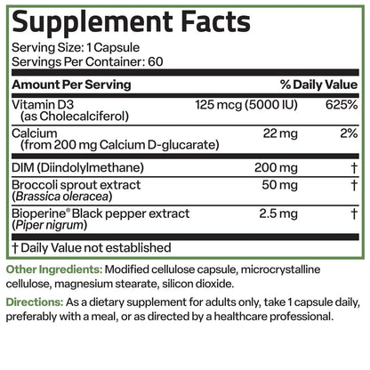 Bronson DIM Balance+ Calcium-D-Glucarat, Brokkolisprossen & Vitamin D3 – 200 mg DIM pro Kapsel für ausgewogenen Östrogenstoffwechsel & Hormonhaushalt, 60 vegane Kapseln