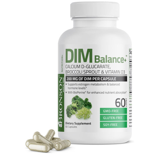 Bronson DIM Balance+ Calcium-D-Glucarat, Brokkolisprossen & Vitamin D3 – 200 mg DIM pro Kapsel für ausgewogenen Östrogenstoffwechsel & Hormonhaushalt, 60 vegane Kapseln