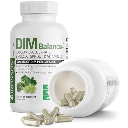 Bronson DIM Balance+ Calcium-D-Glucarat, Brokkolisprossen & Vitamin D3 – 200 mg DIM pro Kapsel für ausgewogenen Östrogenstoffwechsel & Hormonhaushalt, 60 vegane Kapseln