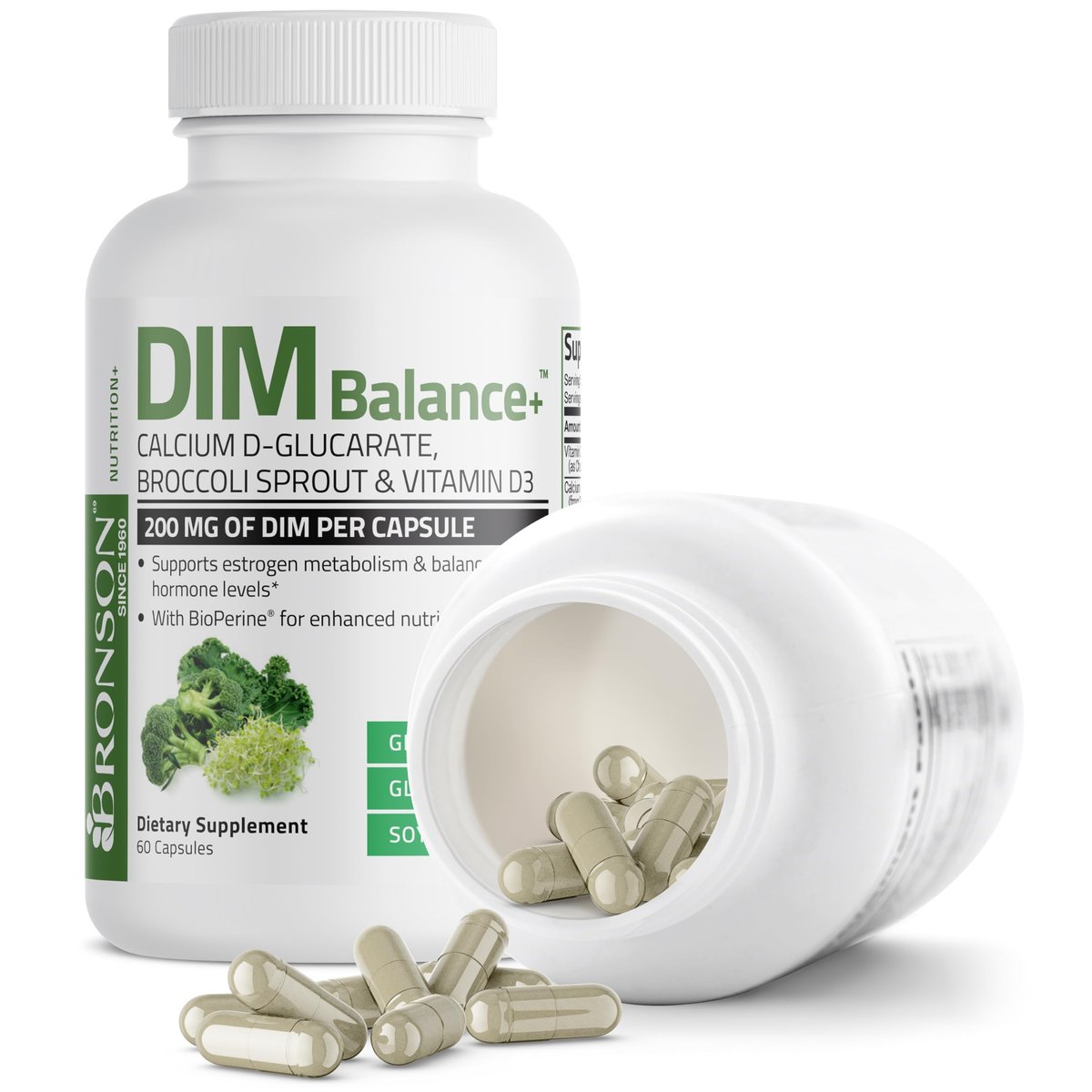 Bronson DIM Balance+ Calcium-D-Glucarat, Brokkolisprossen & Vitamin D3 – 200 mg DIM pro Kapsel für ausgewogenen Östrogenstoffwechsel & Hormonhaushalt, 60 vegane Kapseln