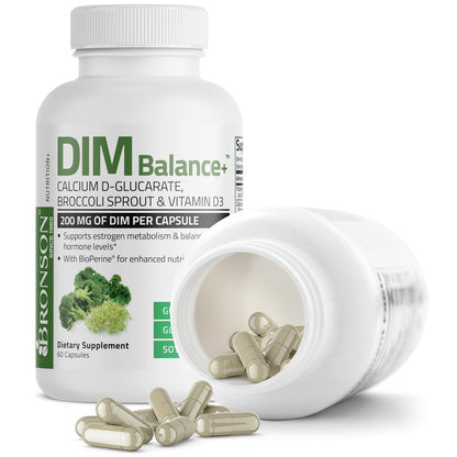 Bronson DIM Balance+ Calcium-D-Glucarat, Brokkolisprossen & Vitamin D3 – 200 mg DIM pro Kapsel für ausgewogenen Östrogenstoffwechsel & Hormonhaushalt, 60 vegane Kapseln