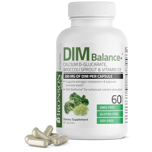 Bronson DIM Balance+ Calcium-D-Glucarat, Brokkolisprossen & Vitamin D3 – 200 mg DIM pro Kapsel für ausgewogenen Östrogenstoffwechsel & Hormonhaushalt, 60 vegane Kapseln