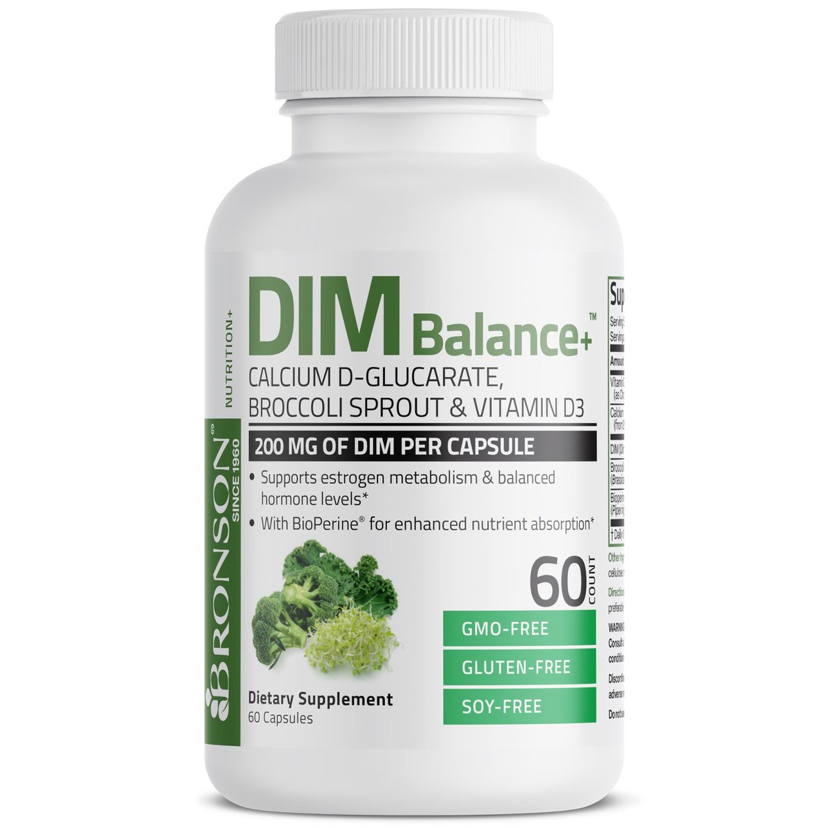 Bronson DIM Balance+ Calcium-D-Glucarat, Brokkolisprossen & Vitamin D3 – 200 mg DIM pro Kapsel für ausgewogenen Östrogenstoffwechsel & Hormonhaushalt, 60 vegane Kapseln