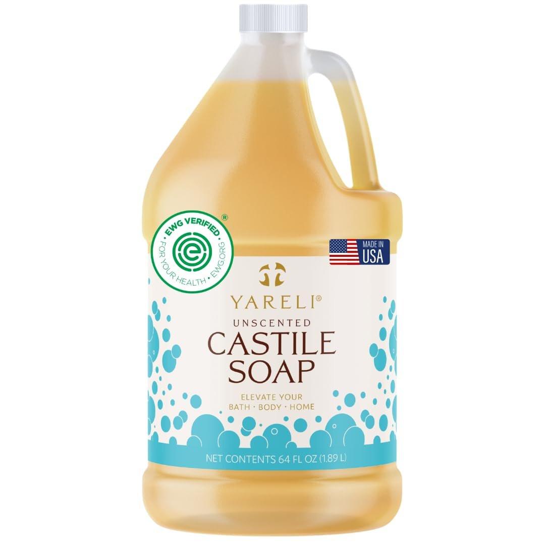 YARELI Reine Bio-Castilienseife flüssig, unparfümiert, 1,9 l – EWG-zertifiziert, Bio-Öle, parfümfreie Körperwäsche, Castilienseife für Bad, Körper, Haushalt & Wäsche – Hergestellt in USA, vegan