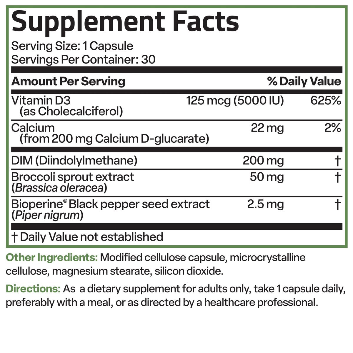 Bronson DIM Balance+ Calcium-D-Glucarat, Brokkolisprossen & Vitamin D3 – 200 mg DIM pro Kapsel, unterstützt den Östrogenstoffwechsel & ausgeglichene Hormonspiegel, Non-GMO, 30 vegane Kapseln