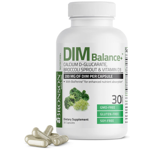 Bronson DIM Balance+ Calcium-D-Glucarat, Brokkolisprossen & Vitamin D3 – 200 mg DIM pro Kapsel, unterstützt den Östrogenstoffwechsel & ausgeglichene Hormonspiegel, Non-GMO, 30 vegane Kapseln