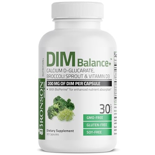 Bronson DIM Balance+ Calcium-D-Glucarat, Brokkolisprossen & Vitamin D3 – 200 mg DIM pro Kapsel, unterstützt den Östrogenstoffwechsel & ausgeglichene Hormonspiegel, Non-GMO, 30 vegane Kapseln