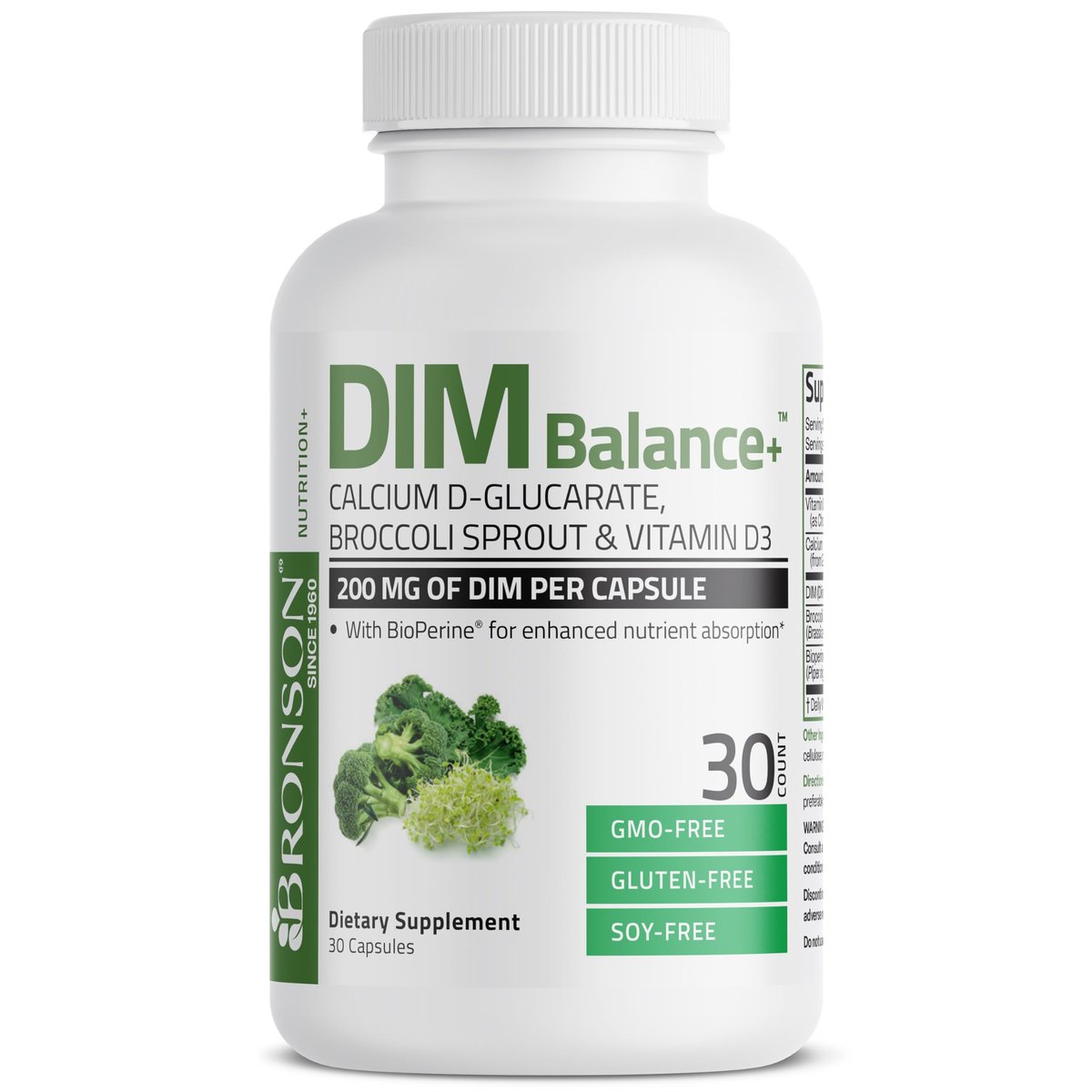 Bronson DIM Balance+ Calcium-D-Glucarat, Brokkolisprossen & Vitamin D3 – 200 mg DIM pro Kapsel, unterstützt den Östrogenstoffwechsel & ausgeglichene Hormonspiegel, Non-GMO, 30 vegane Kapseln