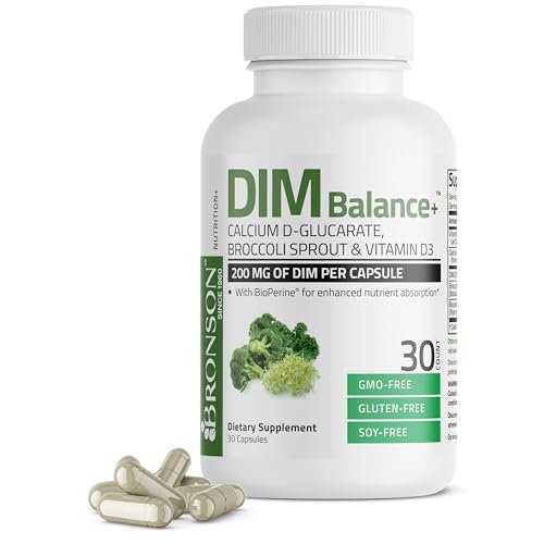 Bronson DIM Balance+ Calcium-D-Glucarat, Brokkolisprossen & Vitamin D3 – 200 mg DIM pro Kapsel, unterstützt den Östrogenstoffwechsel & ausgeglichene Hormonspiegel, Non-GMO, 30 vegane Kapseln
