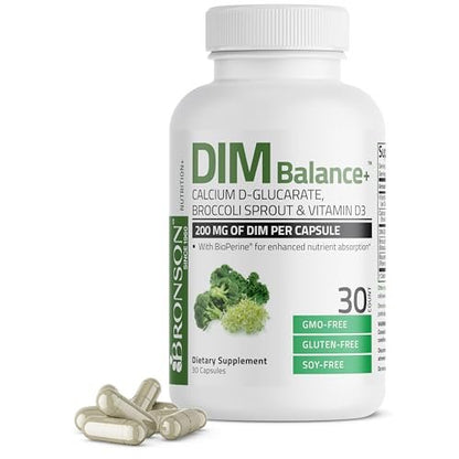 Bronson DIM Balance+ Calcium-D-Glucarat, Brokkolisprossen & Vitamin D3 – 200 mg DIM pro Kapsel, unterstützt den Östrogenstoffwechsel & ausgeglichene Hormonspiegel, Non-GMO, 30 vegane Kapseln