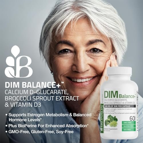 Bronson DIM Balance+ Calcium-D-Glucarat, Brokkolisprossen & Vitamin D3 – 200 mg DIM pro Kapsel, unterstützt den Östrogenstoffwechsel & ausgeglichene Hormonspiegel, Non-GMO, 30 vegane Kapseln