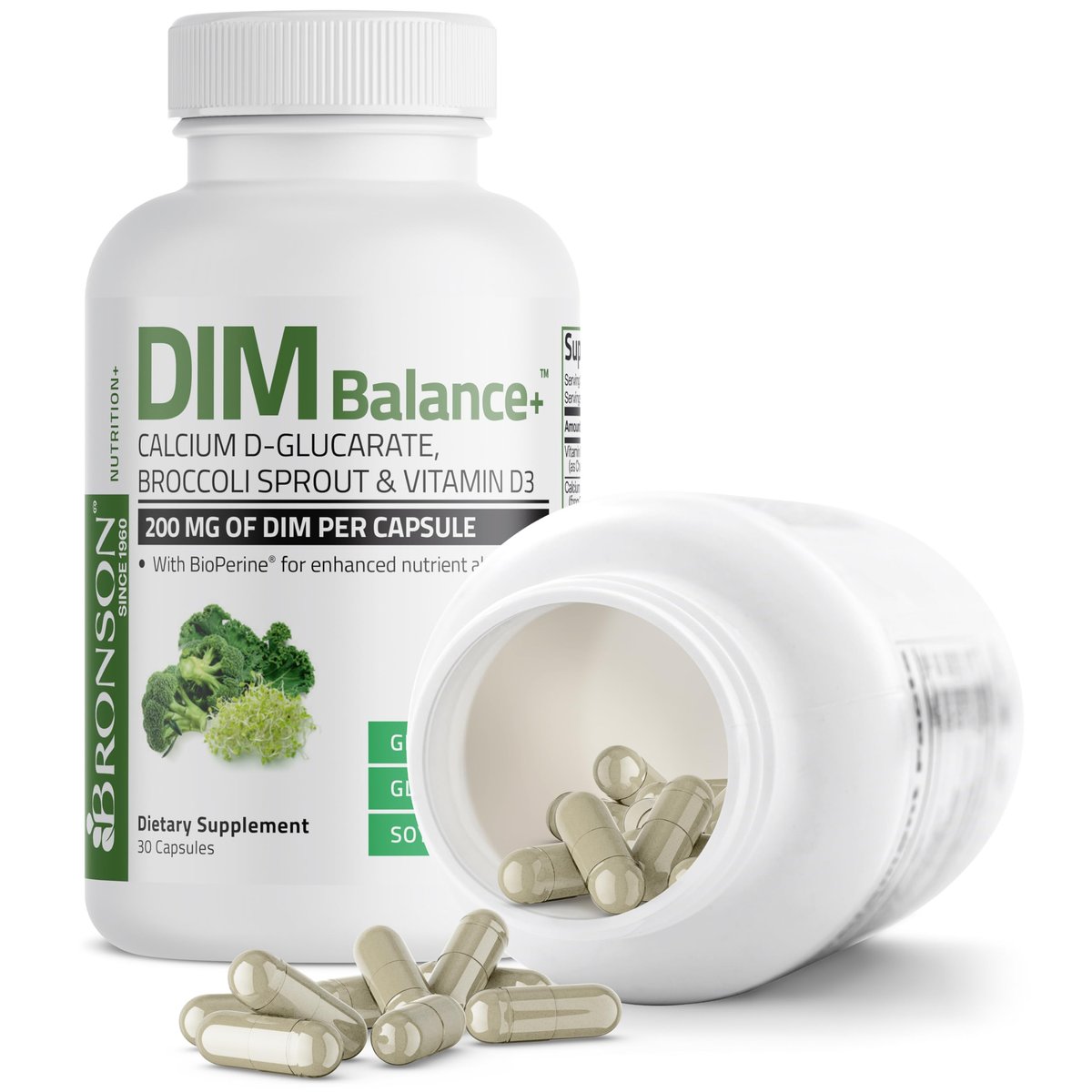 Bronson DIM Balance+ Calcium-D-Glucarat, Brokkolisprossen & Vitamin D3 – 200 mg DIM pro Kapsel, unterstützt den Östrogenstoffwechsel & ausgeglichene Hormonspiegel, Non-GMO, 30 vegane Kapseln