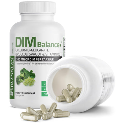 Bronson DIM Balance+ Calcium-D-Glucarat, Brokkolisprossen & Vitamin D3 – 200 mg DIM pro Kapsel, unterstützt den Östrogenstoffwechsel & ausgeglichene Hormonspiegel, Non-GMO, 30 vegane Kapseln