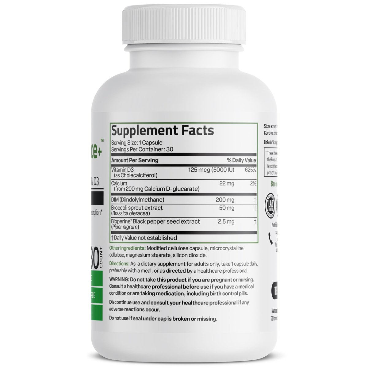 Bronson DIM Balance+ Calcium-D-Glucarat, Brokkolisprossen & Vitamin D3 – 200 mg DIM pro Kapsel, unterstützt den Östrogenstoffwechsel & ausgeglichene Hormonspiegel, Non-GMO, 30 vegane Kapseln