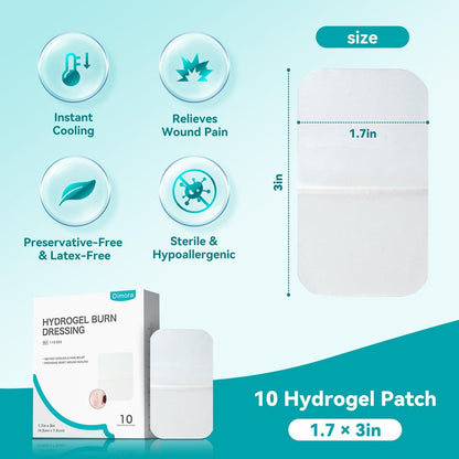 Dimora Hydrogel-Wundauflage 1,7" x 3" – Kühlende & beruhigende sterile Brandpflaster für kleine Verbrennungen, Blasen, Schürfwunden, rissige Brustwarzen – 10 Stück