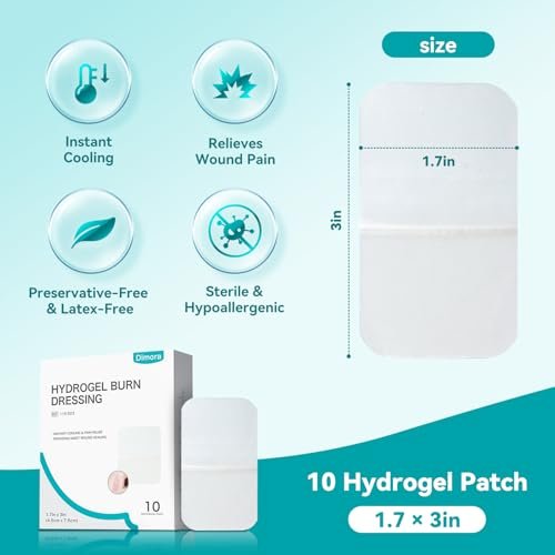 Dimora Hydrogel-Wundauflage 1,7" x 3" – Kühlende & beruhigende sterile Brandpflaster für kleine Verbrennungen, Blasen, Schürfwunden, rissige Brustwarzen – 10 Stück