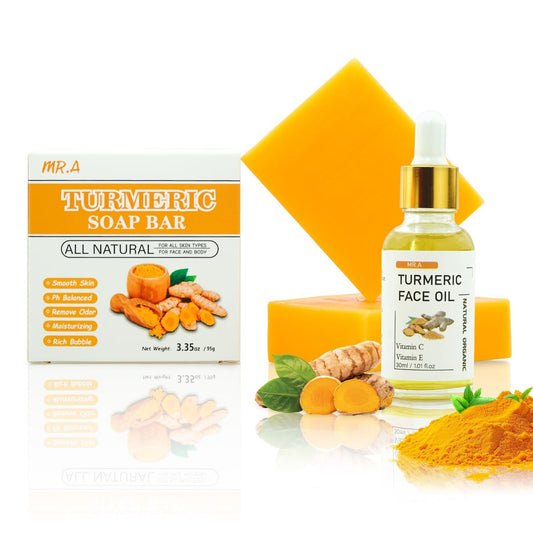 MR.A Kurkuma Seife und Öl Set – 2er-Pack für Gesicht und Körper mit Vitamin C – Reinigend, beruhigend, hydratisierend – Für alle Hauttypen