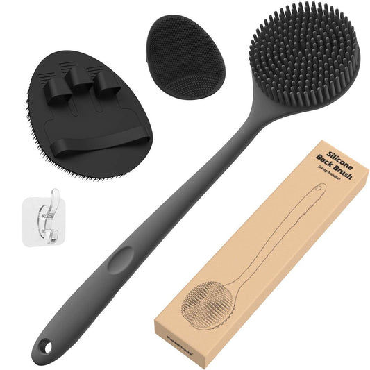 Manmihealth Silikon-Rückenbürste (dicke Borsten) & Badehandschuh & Gesichtsbürste Set (3-teilig), super-exfolierend & schäumend, Körperbürste, Duschbürste, Gesichtspeelingbürste, mit kostenlosem Haken (Schwarz)