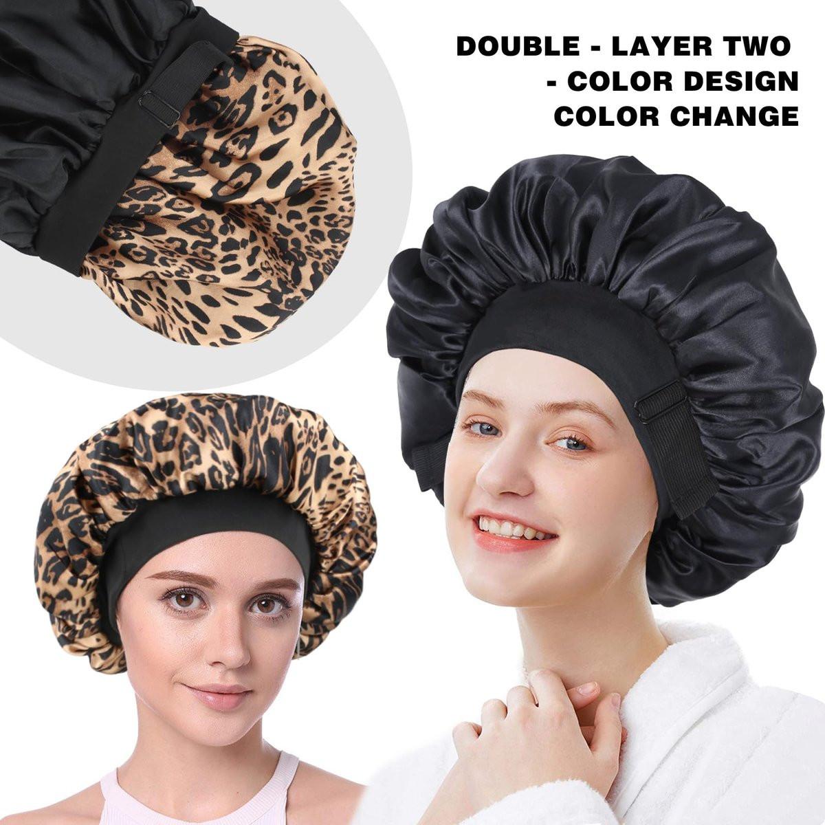 Doppellagige Satin Schlafhaube – Verstellbare Haube für schwarze Frauen, Lockiges Haar, umkehrbar (Schwarz und Leopard)