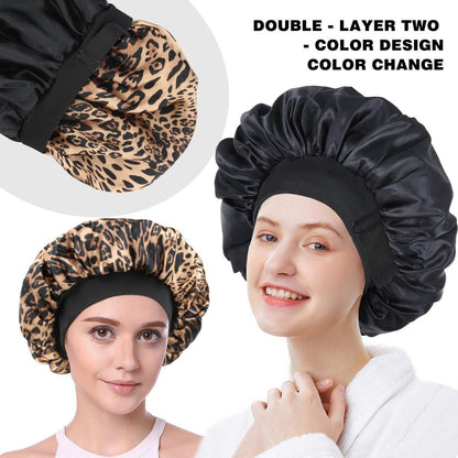 Doppellagige Satin Schlafhaube – Verstellbare Haube für schwarze Frauen, Lockiges Haar, umkehrbar (Schwarz und Leopard)